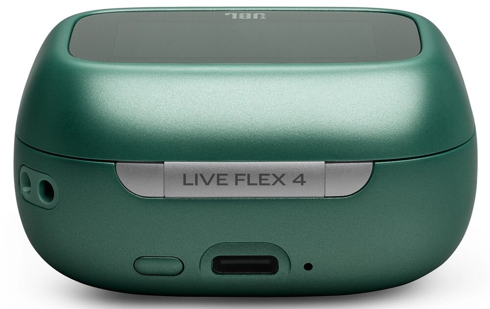 Zielone etui na słuchawki z napisem \'LIVE FLEX 4\' oraz logo \'JBL\' na górze. Widoczne są porty i przyciski na obudowie.