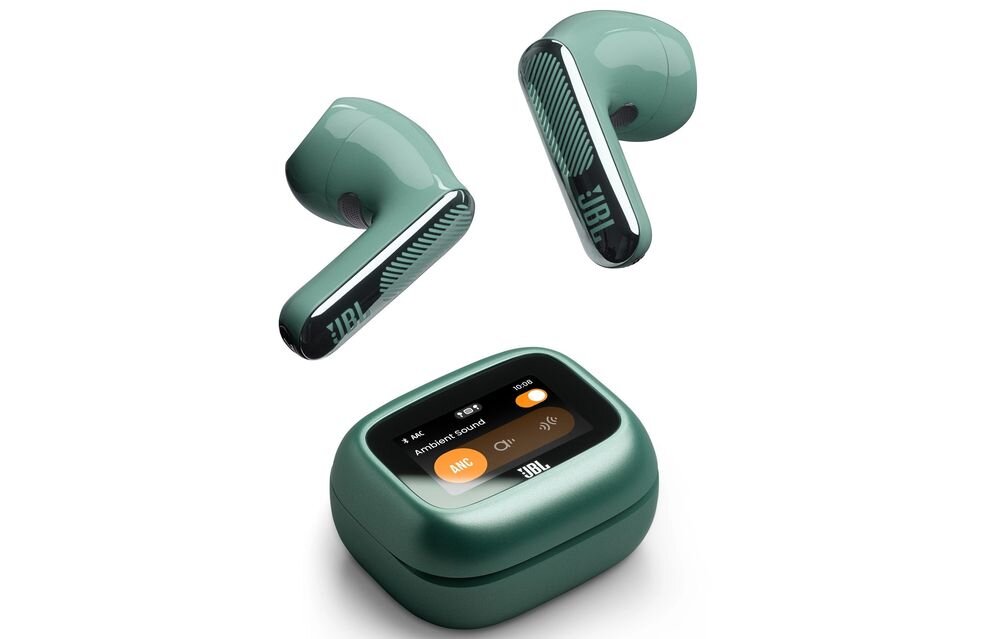 Zielone słuchawki douszne z logo JBL oraz etui ładujące z wyświetlaczem pokazującym opcje ANC i Ambient Sound.