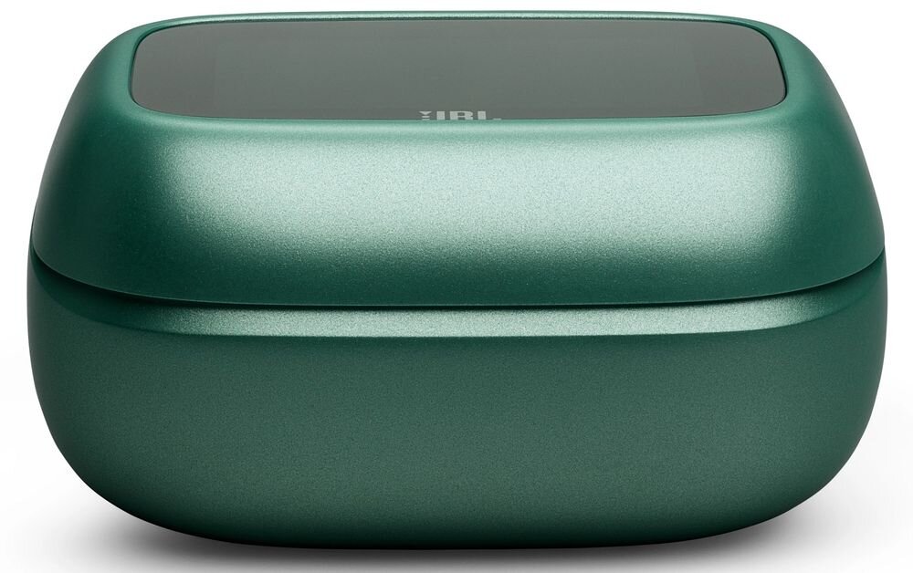 Zielone etui na słuchawki z logo \'JBL\' na górnej powierzchni.