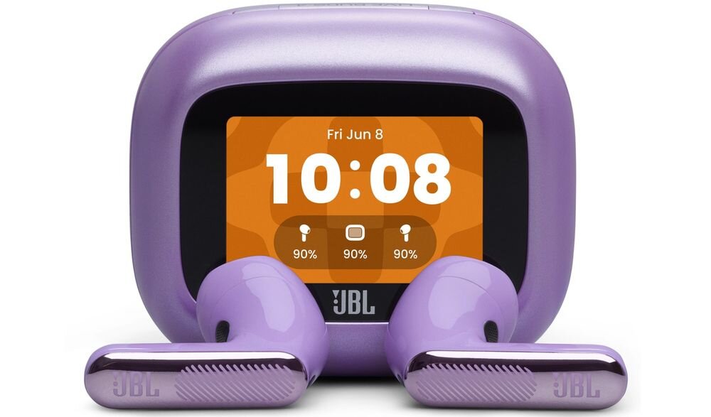 Słuchawki douszne JBL Live Flex 4 bezprzewodowe słuchawki Hi-Res JBL Spatial Sound i mocny bas, słuchawki z etui ładującym na białym tle