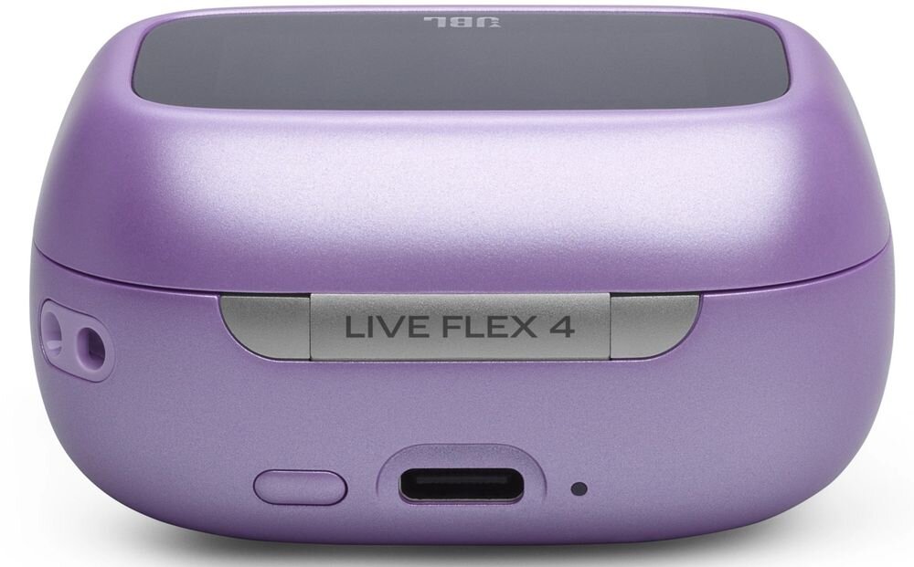 Słuchawki douszne JBL Live Flex 4 przełącznik audio wyszukiwarka Google połączenie z laptopem, etui na białym tle
