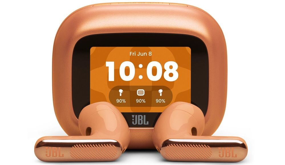 Słuchawki douszne JBL Live Flex 4 bezprzewodowe słuchawki Hi-Res JBL Spatial Sound i mocny bas, słuchawki z etui ładującym na białym tle