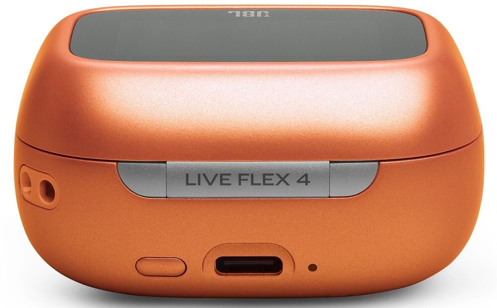 Słuchawki douszne JBL Live Flex 4 przełącznik audio wyszukiwarka Google połączenie z laptopem, etui na białym tle