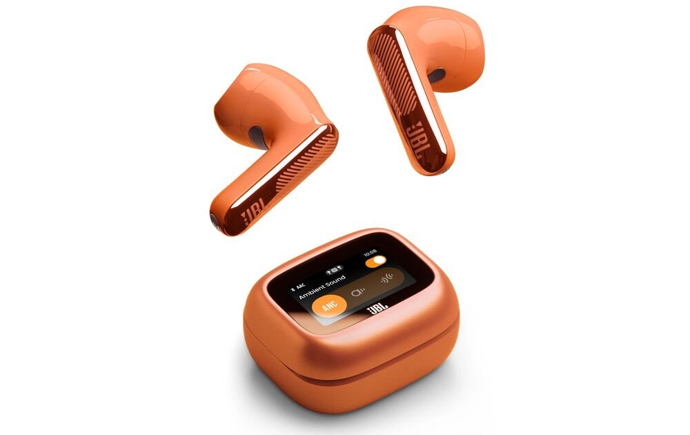 Słuchawki douszne JBL Live Flex 4 Personi-Fi 3.0 personalizacja dźwięku profile audio, słuchawki z etui na białym tle