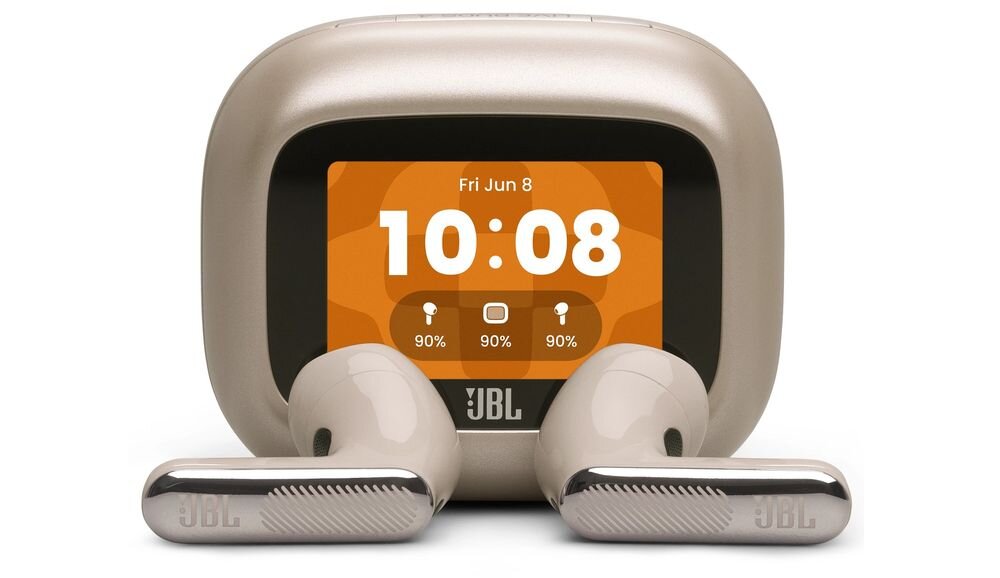 Słuchawki douszne JBL Live Flex 4 bezprzewodowe słuchawki Hi-Res JBL Spatial Sound i mocny bas, słuchawki z etui ładującym na białym tle