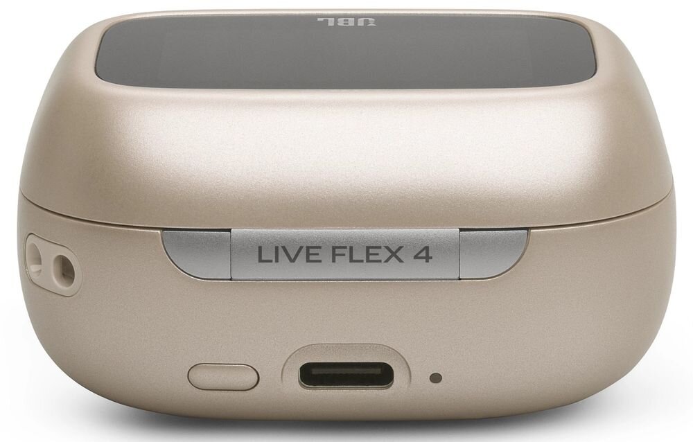 Słuchawki douszne JBL Live Flex 4 przełącznik audio wyszukiwarka Google połączenie z laptopem, etui na białym tle