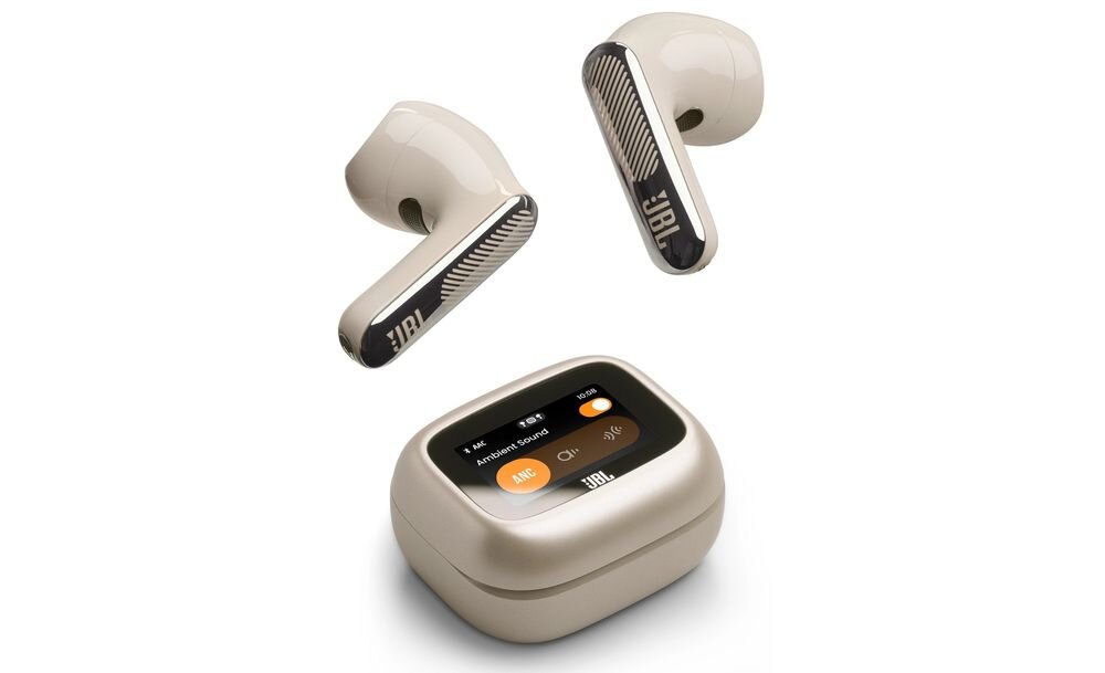 Słuchawki douszne JBL Live Flex 4 Personi-Fi 3.0 personalizacja dźwięku profile audio, słuchawki z etui na białym tle