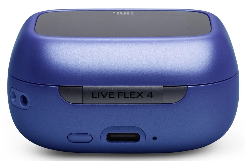 Niebieskie etui na słuchawki z napisem \'LIVE FLEX 4\' oraz logo \'JBL\' na górze. Widoczne są porty i przyciski na obudowie.