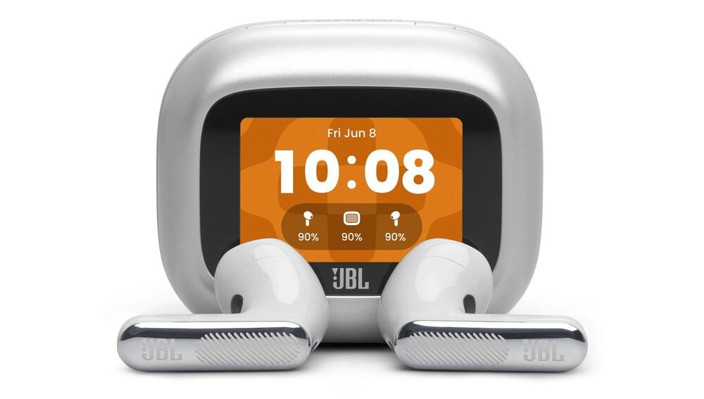 Słuchawki douszne JBL Live Flex 4 bezprzewodowe słuchawki Hi-Res JBL Spatial Sound i mocny bas, słuchawki z etui ładującym na białym tle