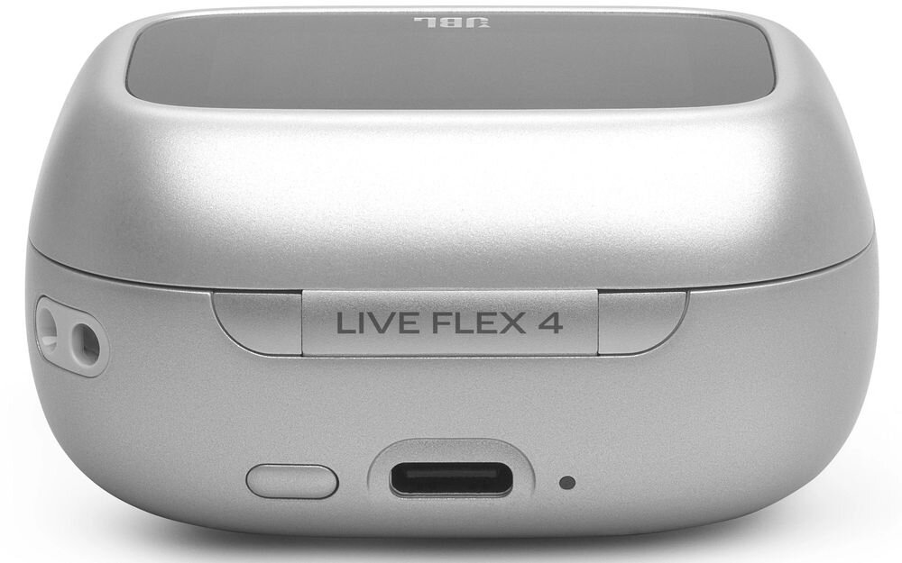 Słuchawki douszne JBL Live Flex 4 przełącznik audio wyszukiwarka Google połączenie z laptopem, etui na białym tle