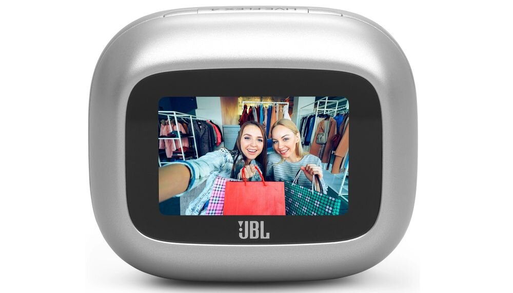 Słuchawki douszne JBL Live Flex 4 do 50 godzin pracy szybkie ładowanie USB-C ładowanie Qi, etui na białym tle
