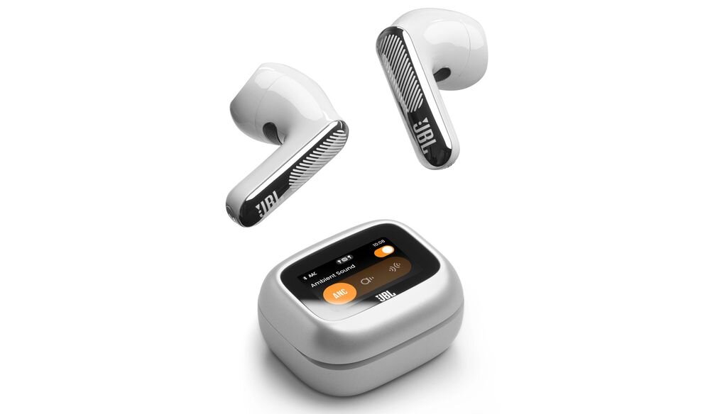 Słuchawki douszne JBL Live Flex 4 Personi-Fi 3.0 personalizacja dźwięku profile audio, słuchawki z etui na białym tle