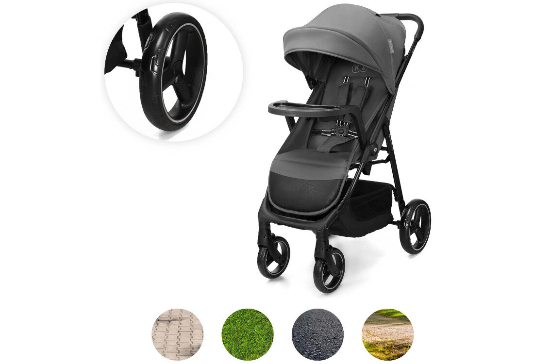 Wózek dziecięcy spacerowy KINDERKRAFT Trig 3 Tray Szary zdjęcie lifestyle Kontrola w każdym miejscu Możliwość blokady przednich kół prowadzenie na wymagających trasach