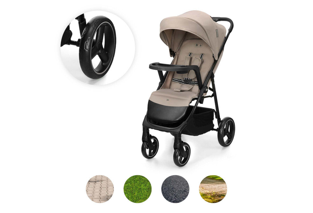 Wózek dziecięcy spacerowy KINDERKRAFT Trig 3 Tray Beżowy zdjęcie lifestyle Kontrola w każdym miejscu Możliwość blokady przednich kół prowadzenie na wymagających trasach
