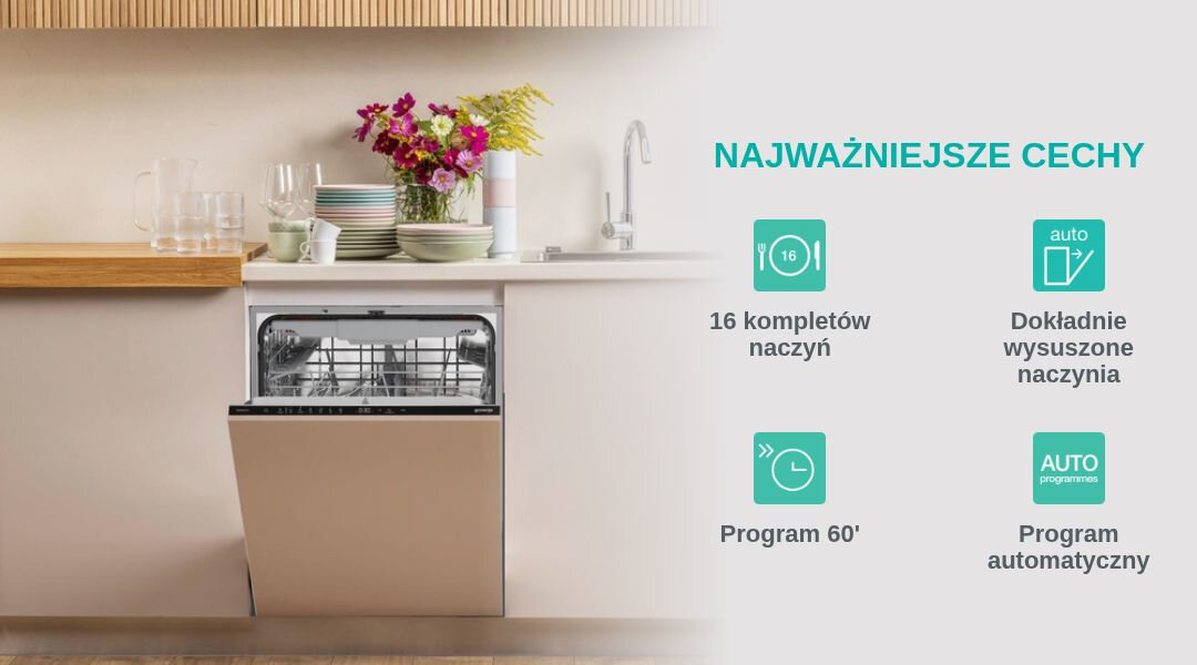 ZMYWARKA GORENJE GV643E91 Zmywarka do zabudowy widoczna w kuchennej aranżacji. Po prawej stronie znajdują się ikony i napisy prezentujące najważniejsze cechy urządzenia