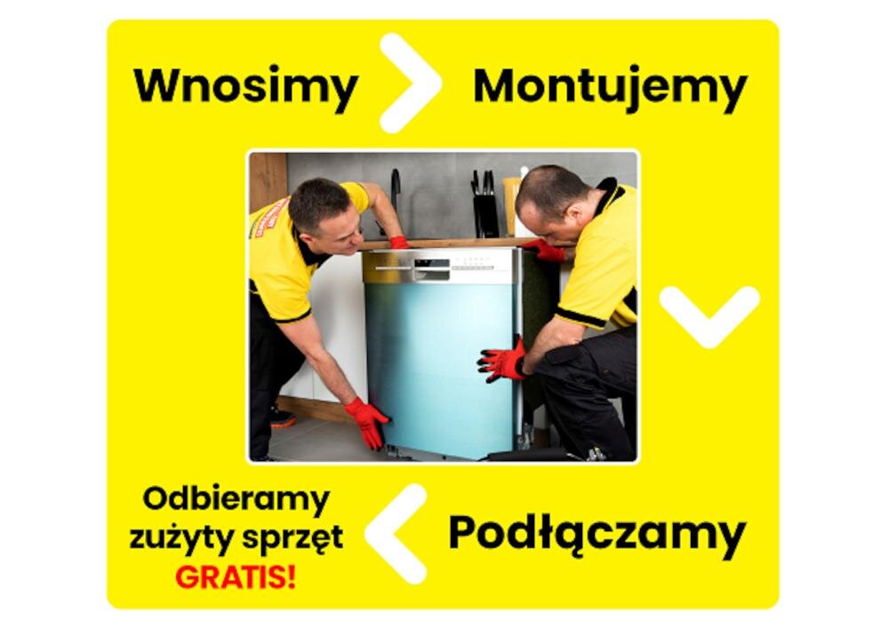 Dwóch mężczyzn w żółtych koszulkach i czerwonych rękawicach montuje zmywarkę. Na żółtym tle widnieją napisy: \'Wnosimy\', \'Montujemy\', \'Podłączamy\', \'Odbieramy zużyty sprzęt GRATIS!\'.