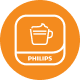 Pomarańczowa ikona z białym symbolem filiżanki i napisem \'PHILIPS\'.