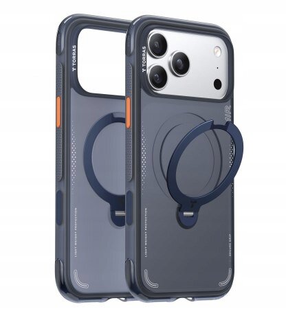 Dwa etui na telefon z obrotową podstawką, w kolorze ciemnoszarym z pomarańczowymi akcentami. Na etui widoczny jest napis \'TORRAS\'.