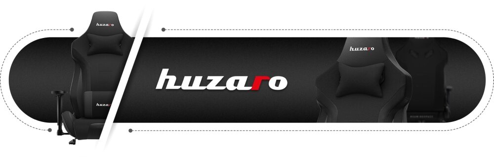 Obraz przedstawia czarny fotel gamingowy z logo \'huzaro\' na zagłówku i oparciu. W tle widoczny jest napis \'huzaro\' na czarnym tle.
