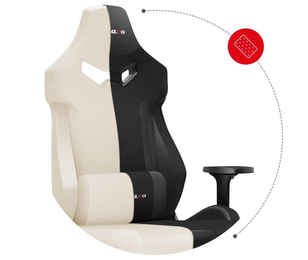 Obraz przedstawia fotel gamingowy w dwóch kolorach: beżowym i czarnym, z widocznym logo \'HUZARO\'. Fotel ma ergonomiczny kształt z podłokietnikiem i otworem w oparciu.