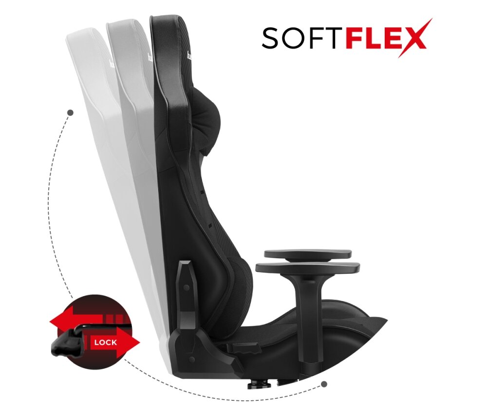 Obraz przedstawia czarny fotel gamingowy z funkcją regulacji oparcia, oznaczoną jako \'SOFTFLEX\'. Widoczny jest mechanizm blokady z napisem \'LOCK\'.