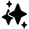 Czarny symbol trzech błyszczących gwiazdek na białym tle.