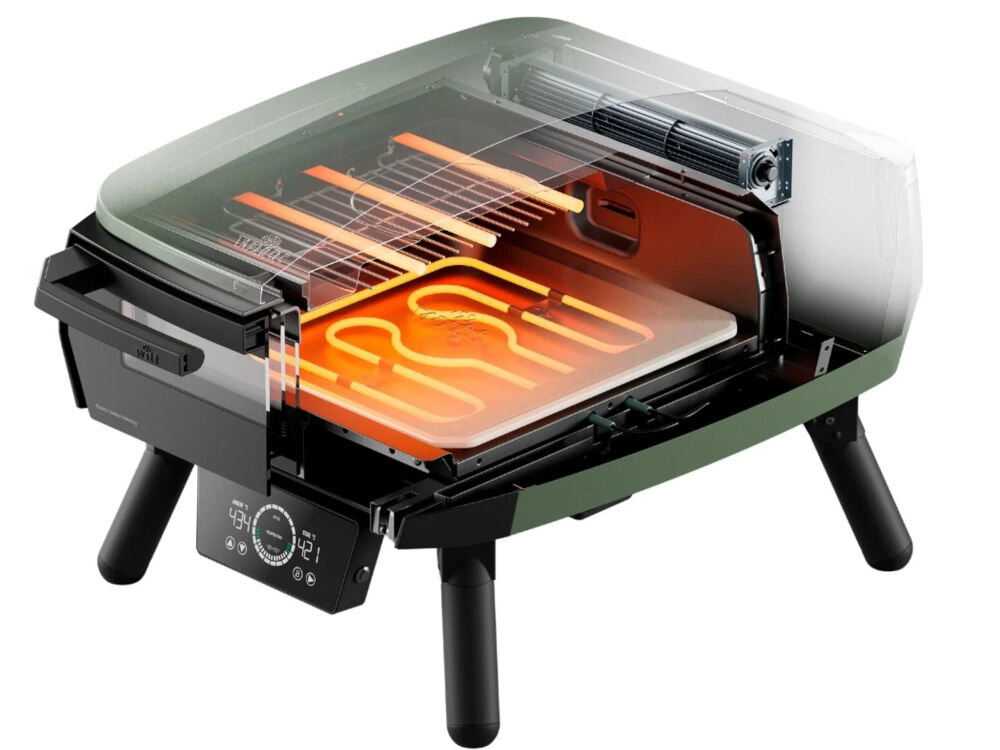 Piec do pizzy WITT eGNITE Control 13 2400W Zielony, wyświetlacz, temperatura, grzałki, kontrola, Przekrój urządzenia pokazujący grzałki wewnątrz.