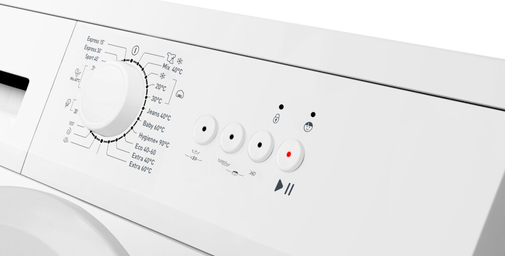 Panel sterowania pralki z pokrętłem wyboru programów i przyciskami funkcyjnymi. Widoczne są oznaczenia programów, takie jak \'Mix 40°C\', \'Baby 60°C\', oraz przyciski z symbolami i diodami.