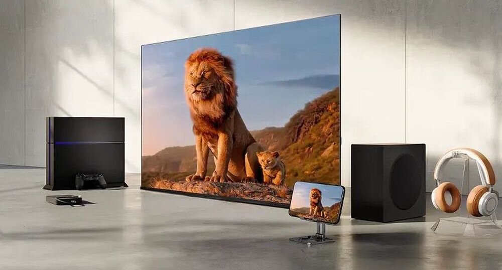 Telewizor HISENSE 98E7Q Share to TV udostępnianie ekranu telefonu multimedia, telewizor, subwoofer, słucjhawki, konsola stojące na ziemi