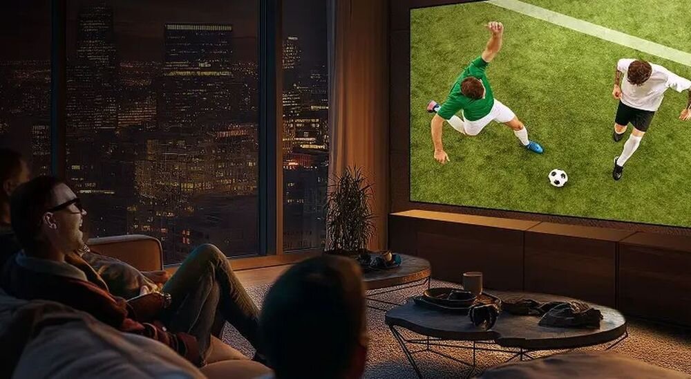 Telewizor HISENSE 98E7Q Eye Care ochrona wzroku redukcja niebieskiego światła, telewizor zawieszony na ścianie w pomieszczeniu