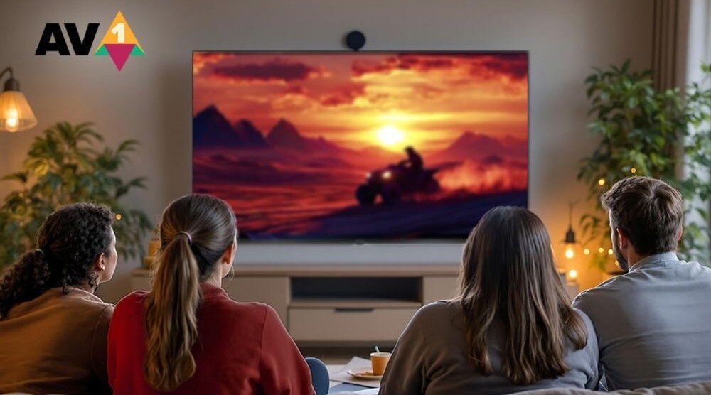 SHARP 70HL4465E kodek AV1 streaming wysoka jakość obrazu, osoby oglądające program telewizyjny