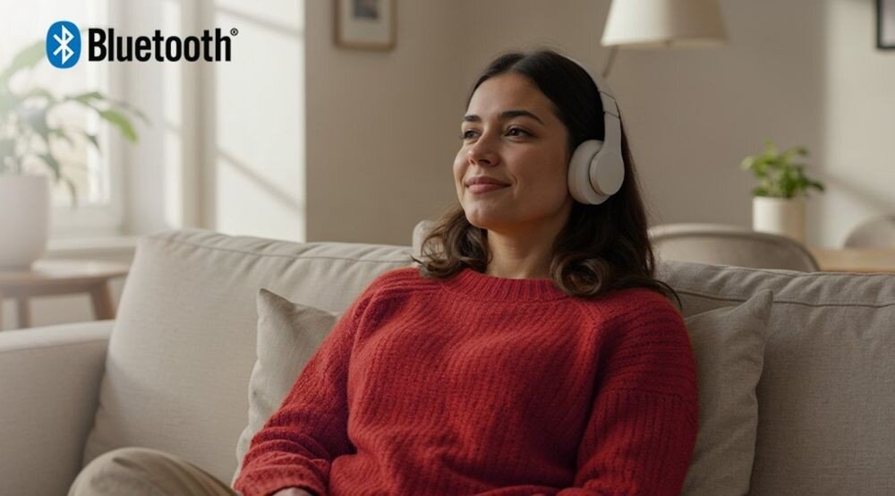 SHARP 70HL4465E Bluetooth słuchawki bezprzewodowe połączenie, osoba z założonymi słuchawkami nausznymi siedząca na kanapie