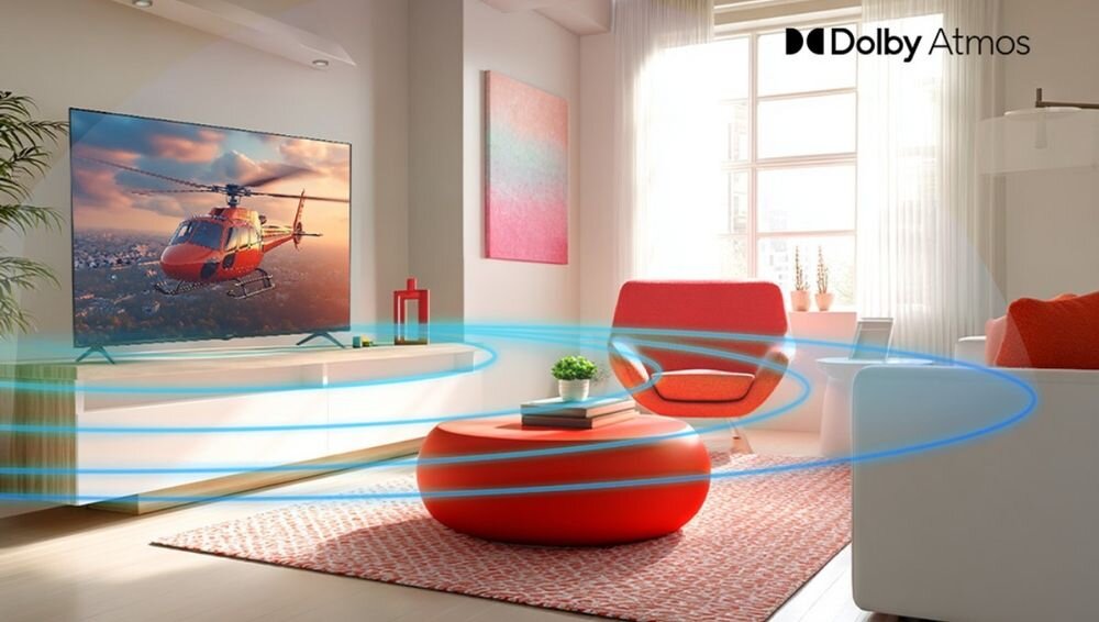 SHARP 70HL4465E Dolby Atmos przestrzenny dźwięk telewizora, telewizor stojący na komodzie w pomieszczeniu