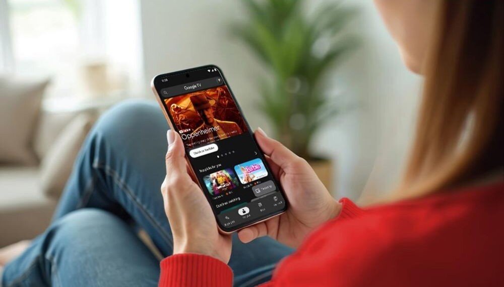 SHARP 70HL4465E aplikacja Google TV sterowanie smartfonem, osoba trzymająca smartfon w ręku