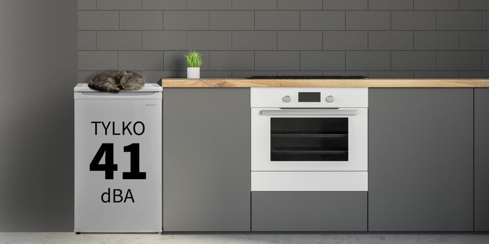 Kuchnia z szarymi szafkami, na blacie stoi mała roślina w doniczce. Obok piekarnika znajduje się lodówka z napisem \'TYLKO 41 dBA\', na której leży kot.