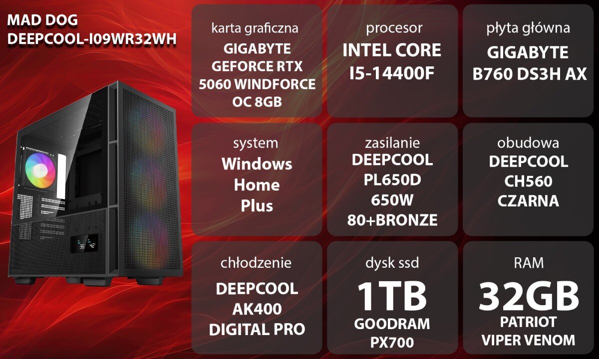 Obraz przedstawia komputer MAD DOG DEEPCOOL-I09WR32WH z kartą graficzną GIGABYTE GEFORCE RTX 5060 WINDFORCE OC 8GB, procesorem INTEL CORE I5-14400F, płytą główną GIGABYTE B760 DS3H AX, systemem Windows Home Plus, zasilaniem DEEPCOOL PL650D 650W 80+BRONZE, obudową DEEPCOOL CH560 CZARNA, chłodzeniem DEEPCOOL AK400 DIGITAL PRO, dyskiem SSD 1TB GOODRAM PX700 i 32GB RAM PATRIOT VIPER VENOM.