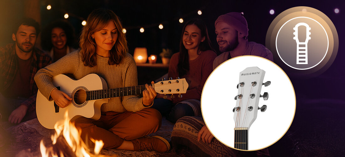 Grupa osób siedzi przy ognisku, jedna z nich gra na białej gitarze akustycznej. Wstawka pokazuje zbliżenie na główkę gitary z napisem \'MUSICMATE\'.