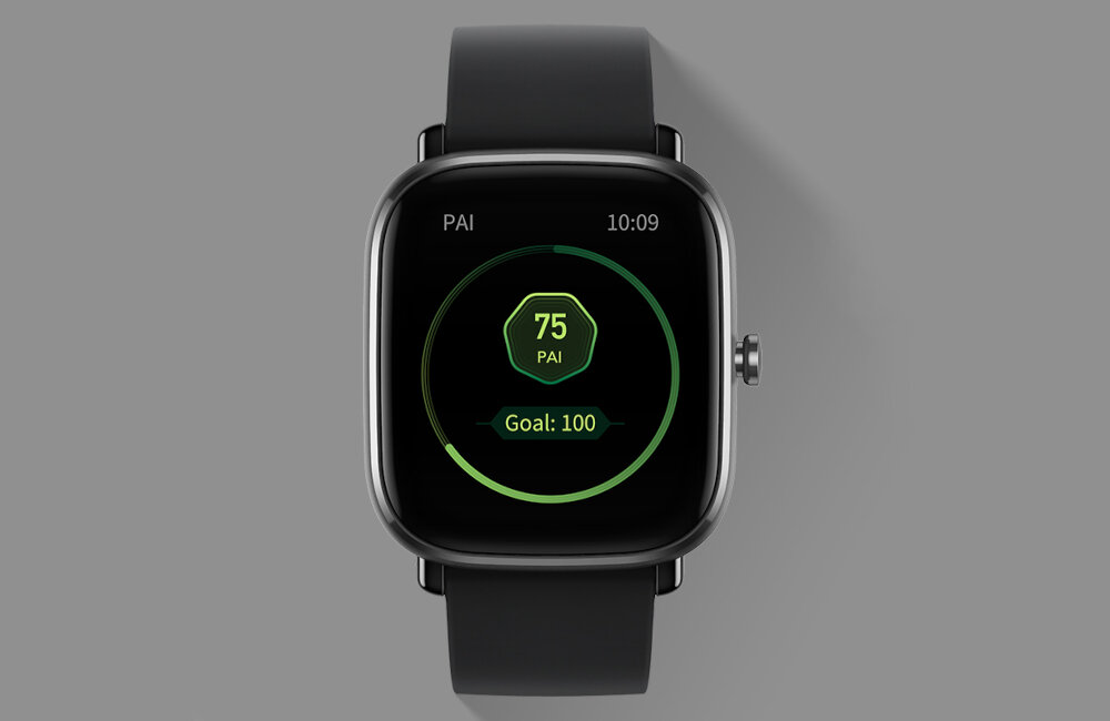 Czarny smartwatch z wyświetlaczem pokazującym wskaźnik PAI na poziomie 75 oraz cel 100. Na ekranie widoczny jest również czas 10:09.