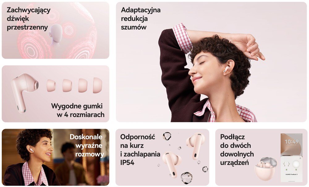 Grafika przedstawia słuchawki dokanałowe z funkcjami takimi jak adaptacyjna redukcja szumów, odporność na kurz i zachlapania IP54 oraz możliwość podłączenia do dwóch urządzeń. Widoczny jest także tekst: \'Zachwycający dźwięk przestrzenny\', \'Wygodne gumki w 4 rozmiarach\', \'Doskonałe wyraźne rozmowy\'.