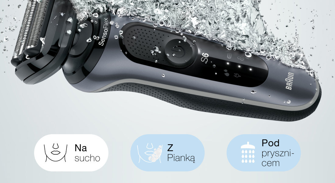 Golarka Braun zanurzona w wodzie, z widocznymi napisami \'SensoFlex\' i \'S6\'. Poniżej ikony z napisami: \'Na sucho\', \'Z pianką\', \'Pod prysznicem\'.