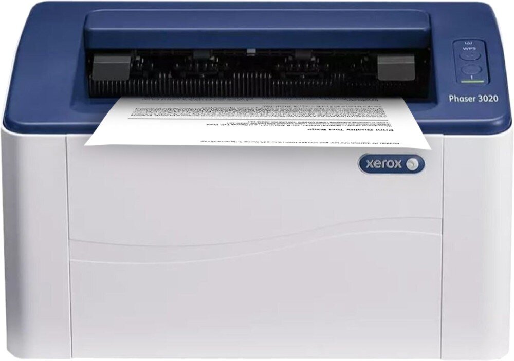 Drukarka z widocznym logo xerox i napisem Phaser 3020. W urządzeniu znajduje się kartka z tekstem.