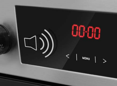 Panel sterowania piekarnika z wyświetlaczem LED pokazującym \'00:00\', przyciskiem menu i ikoną głośnika z falami dźwiękowymi.