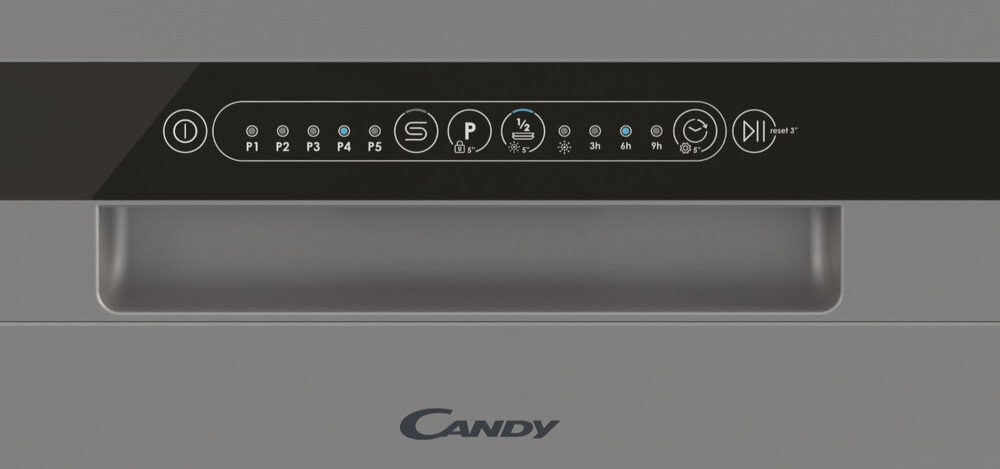 Panel sterowania zmywarki z przyciskami oznaczonymi jako P1, P2, P3, P4, P5 oraz ikonami funkcji, w tym połowa załadunku i Wash&dry 35\'. Widoczne jest logo \'Candy\'.