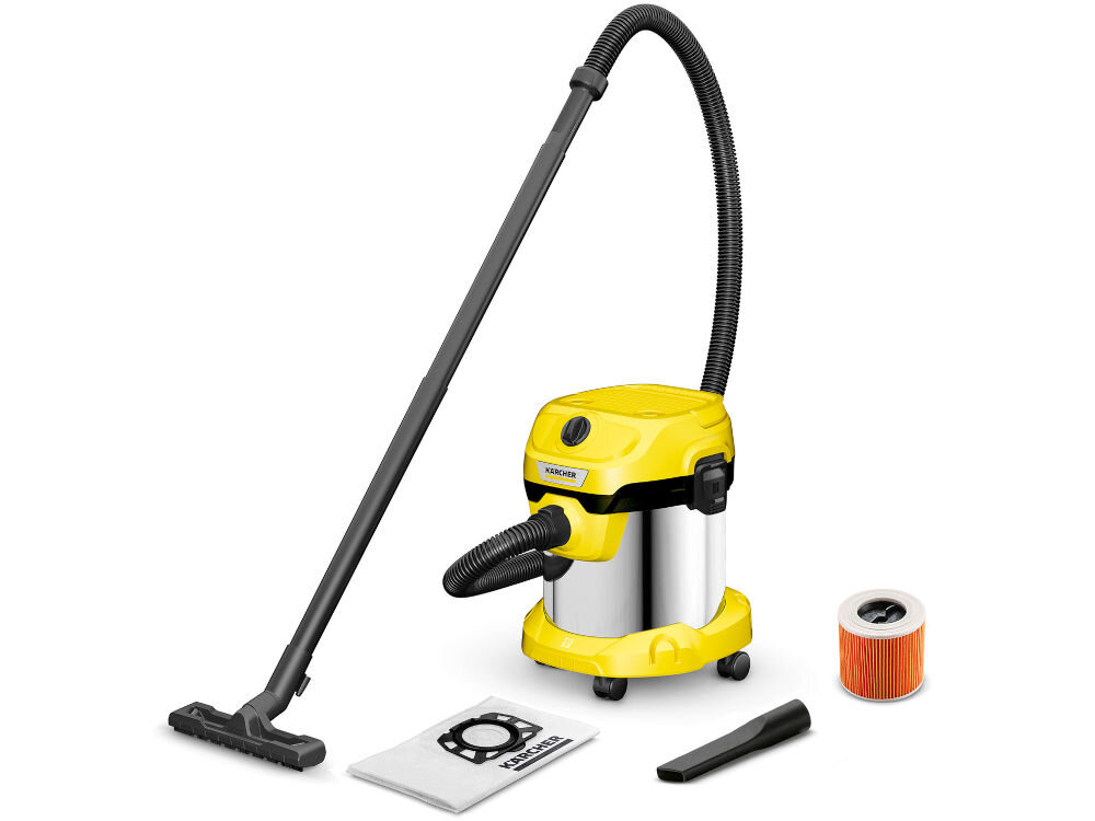 Na obrazie znajduje się żółty odkurzacz z metalowym korpusem, elastycznym wężem i różnymi akcesoriami. Widoczne jest logo \'KARCHER\' na urządzeniu.