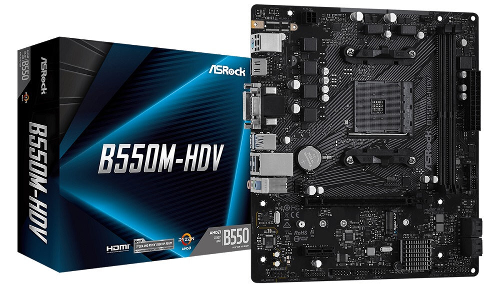 Obraz przedstawia pudełko i płytę główną ASROCK B550M-HDV. Na pudełku widoczny jest napis \'B550M-HDV\' oraz logo ASRock.