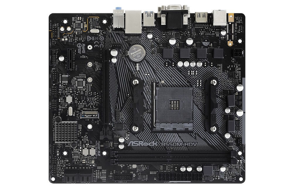 Na obrazie widoczna jest płyta główna z oznaczeniem ASRock B550M-HDV, z różnymi złączami i komponentami elektronicznymi. Na płycie znajduje się tekst \'ASRock B550M-HDV\'.