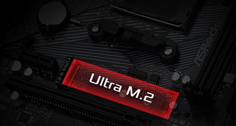 Obraz przedstawia fragment płyty głównej z widocznym napisem \'Ultra M.2\' na czerwonym tle. W tle widać elementy elektroniczne oraz logo ASRock.