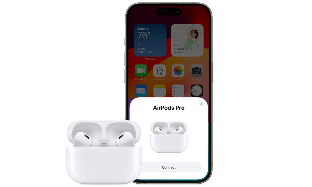 Na obrazie widoczne są białe słuchawki dokanałowe w etui oraz smartfon z kolorowym ekranem. Na ekranie smartfona wyświetla się okno z napisem \'AirPods Pro\' i przyciskiem \'Connect\'.