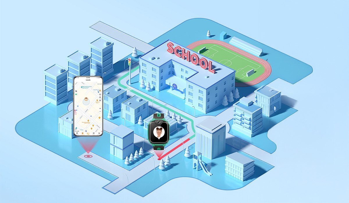 Ilustracja przedstawia mapę z budynkami, na której widoczny jest napis \'SCHOOL\' oraz boisko. Obok mapy znajdują się smartfon z mapą i zielony smartwatch z wyświetlaczem pokazującym zdjęcie osoby.