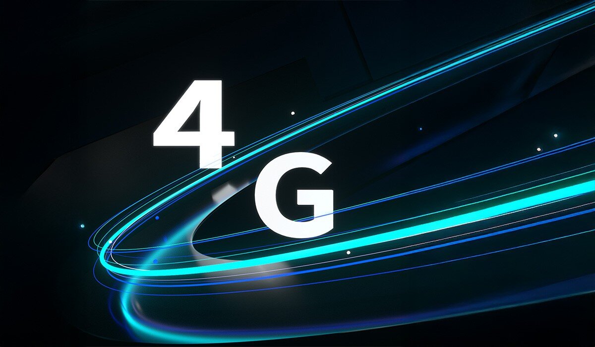Na ciemnym tle widoczny jest duży, biały napis \'4G\' otoczony przez dynamiczne, niebieskie i zielone linie świetlne.